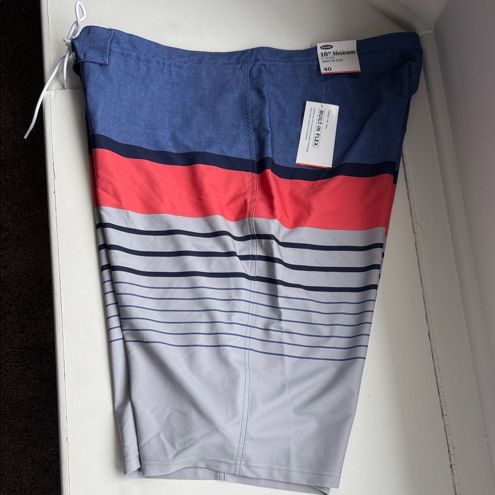 Men's Blue and Coral Striped Swim Trunks